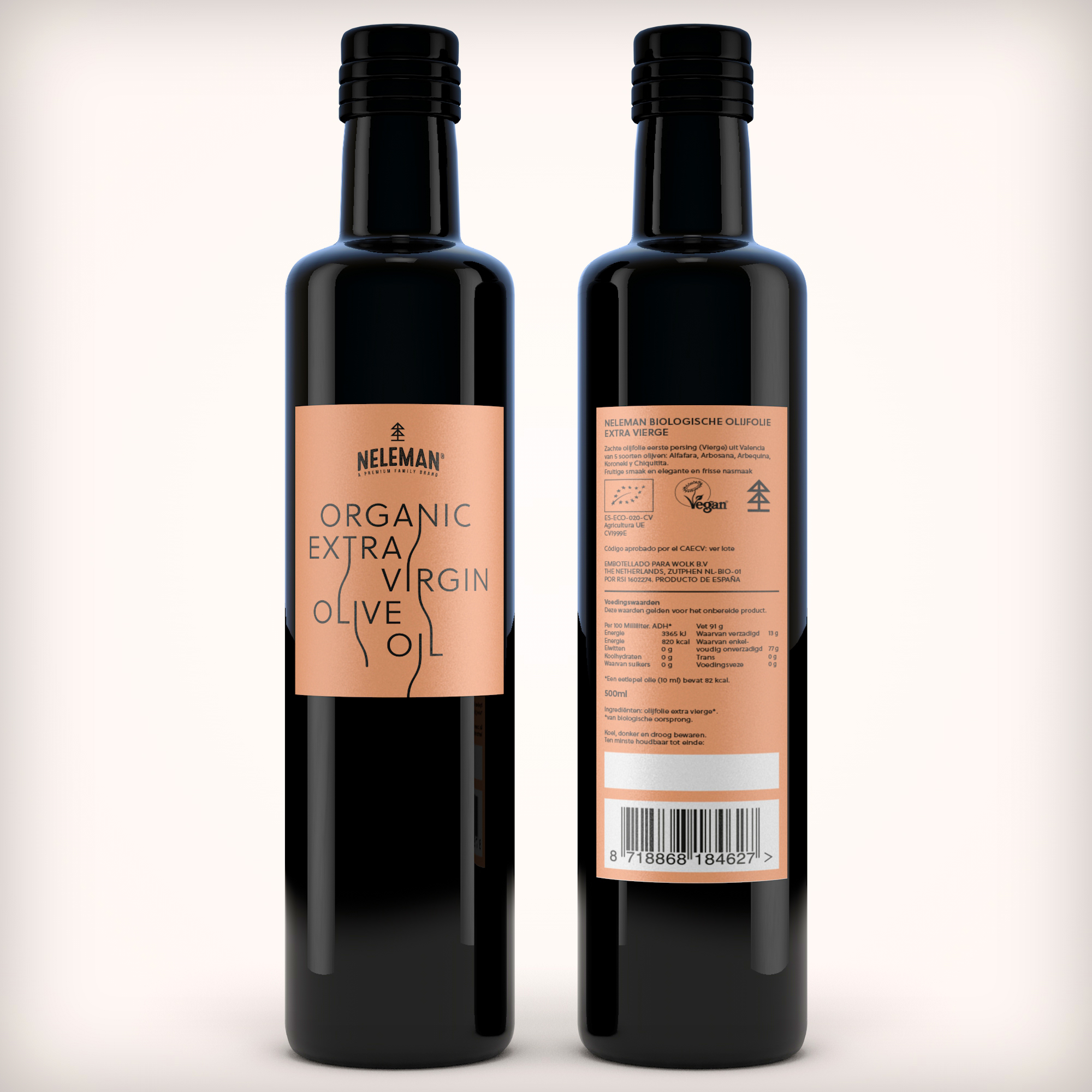 Fles etiket voor Neleman organic extra virgin olive oil